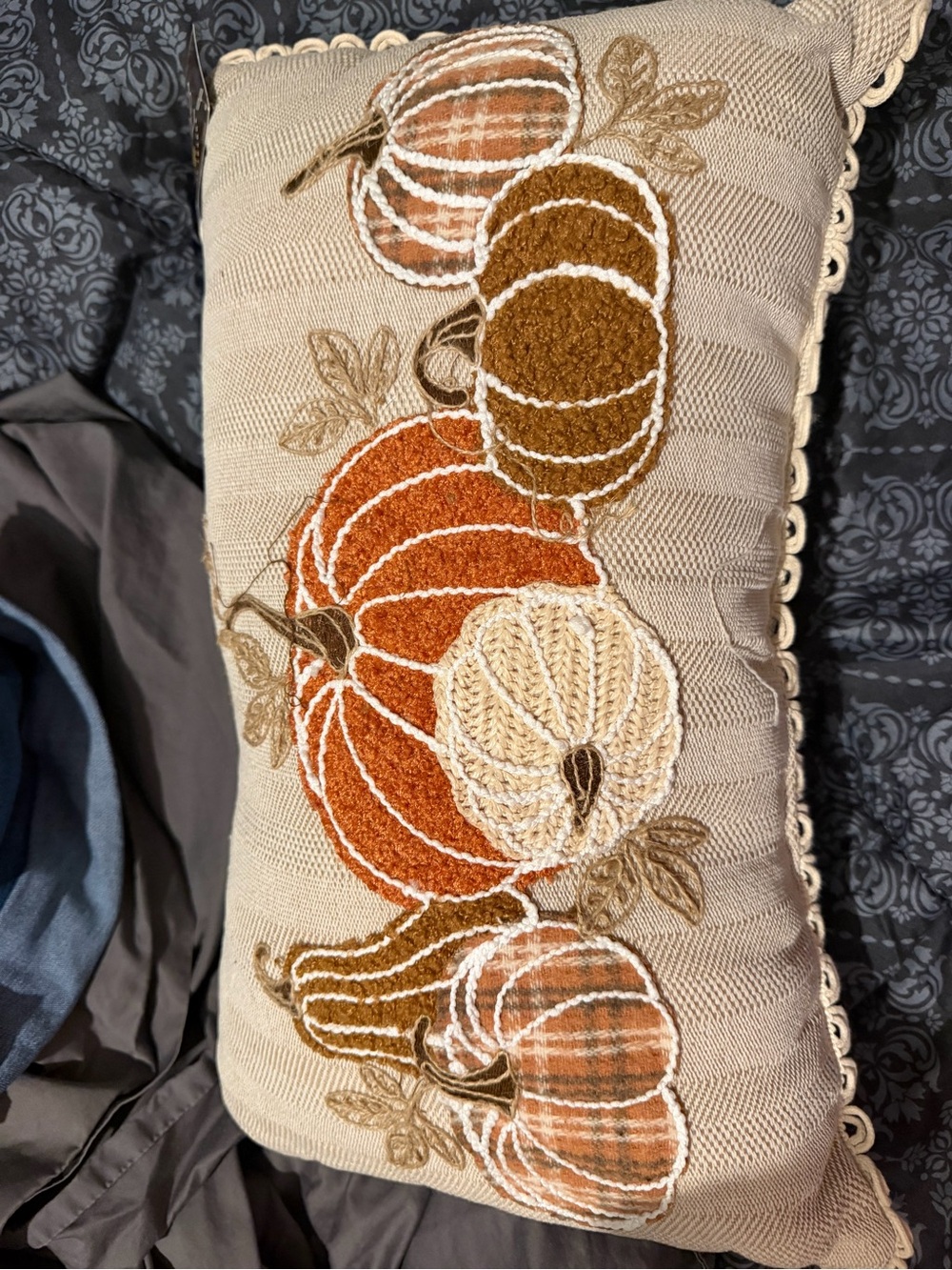 Embroidered Pumpkin Accent Pillow - Beige and Orange